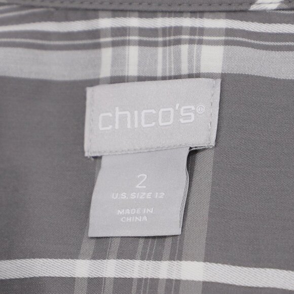 CHICO'S Poplin Billow Sleeve Gray Plaid Button Front Shirt Size 2 (US 12) - Picture 7 of 8